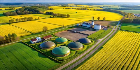 Aerial view of a biogas plant and farm in blooming rapeseed fields in Czech Republic , biogas, plant, farm