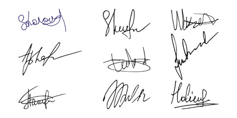 Fake signature hand drawn sample own autograph. Fictitious handwritten signature. Blue ink color. Scribble for sample contracts documents certificates or letters. Vector illustration.
