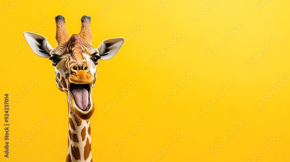 Canvas Prints Portrait Banner for Website of surprised amazed giraffe pet with a curious face with open mouth at on yellow studio background. Website banner concept. Advertising postcards, notebooks.