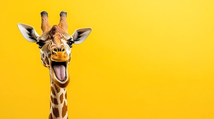 Obraz premium Portrait Banner for Website of surprised amazed giraffe pet with a curious face with open mouth at on yellow studio background. Website banner concept. Advertising postcards, notebooks.