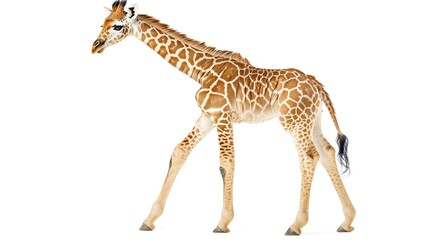 Obraz premium Adorable baby giraffe with long legs and neck isolated on white background