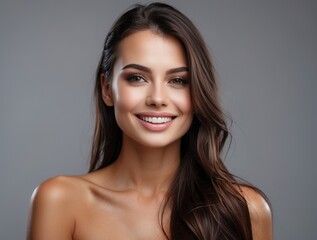 Fototapeta premium Portrait of a smiling woman with long brown hair and flawless skin