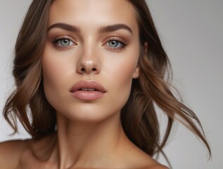 Fototapeta premium Close-up Portrait of a Woman with Long Brown Hair and Natural Makeup