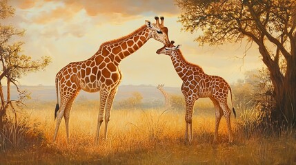Obraz premium Mother and puppy giraffes love and protection in the savannah