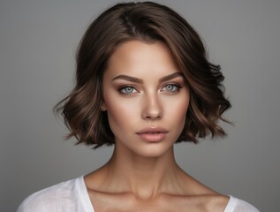 Fototapeta premium Portrait of a Woman with Short Brown Hair and Makeup