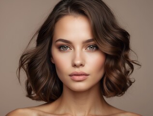 Fototapeta premium Close-up Portrait of a Woman with Wavy Brown Hair and Natural Makeup