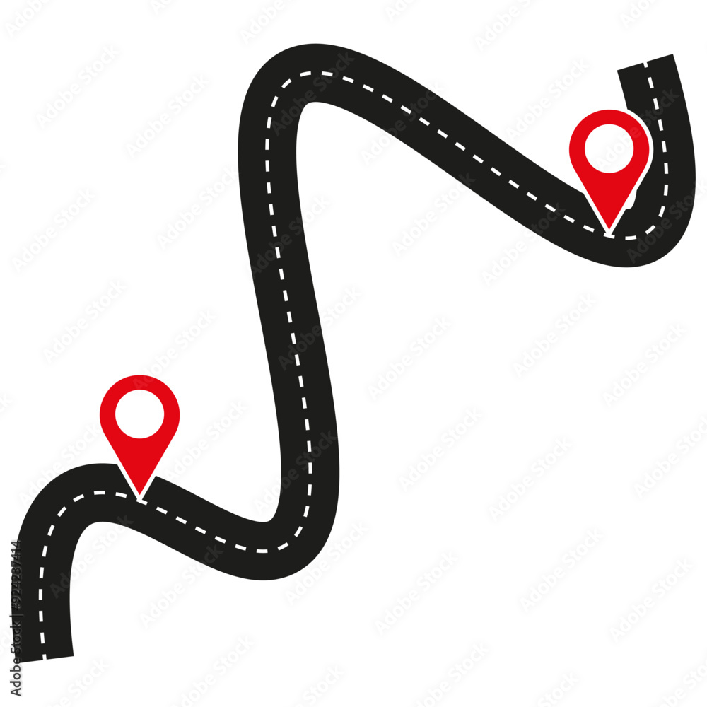 Poster winding road map. red location markers. black dashed lines. vector graphic.