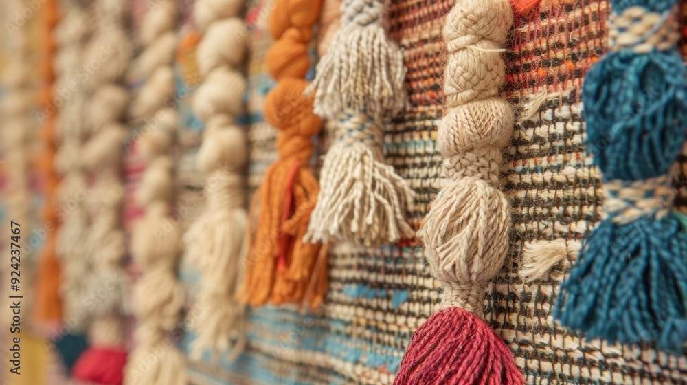 Poster a modern boho wall tapestry featuring a mix of woven fabrics and tassels adding depth and texture to