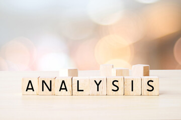 Analysis, Business related word on wooden cube, Business strategy sign, banner