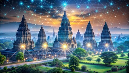 Information flow hologram, night panorama city view of Prambanan temple. Central Java is the largest technological center in Indonesia, Asia. The concept of programming science. Double exposure.
