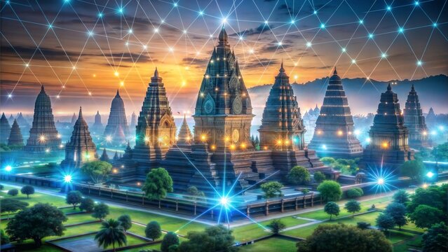 Information flow hologram, night panorama city view of Prambanan temple. Central Java is the largest technological center in Indonesia, Asia. The concept of programming science. Double exposure.
