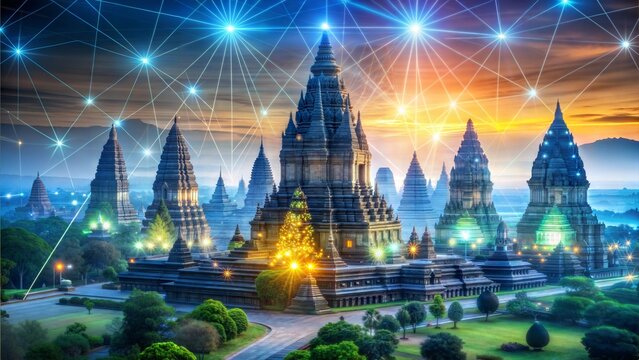 Information flow hologram, night panorama city view of Prambanan temple. Central Java is the largest technological center in Indonesia, Asia. The concept of programming science. Double exposure.
