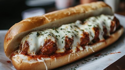 A classic Italian meatball sub, topped with marinara sauce and melted mozzarella.