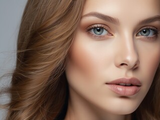 Naklejka premium Close-up Portrait of a Woman with Light Brown Hair and Blue Eyes