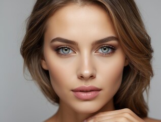 Obraz premium Close-up Portrait of a Woman with Blue Eyes and Long Brown Hair