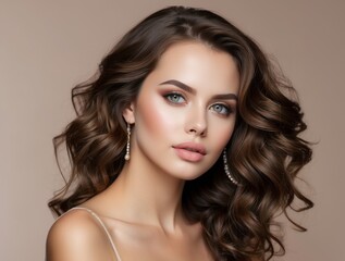 Fototapeta premium Portrait of a Woman with Long Brown Curly Hair and Pearl Earrings
