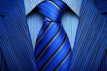 Close up of a blue striped tie in a sharp suit symbolizing the precision professionalism and refined style of modern corporate fashion