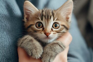 Cute kitten held in human hands. The photo showcases the love and bond between humans and animals.