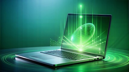A digital hologram and a Laptop to to analyse data ON green gradient background