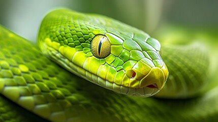 Fototapeta premium Close up of a green snake on green background. 
