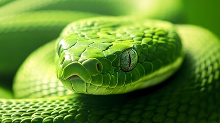 Fototapeta premium Close up of a green snake on green background. 