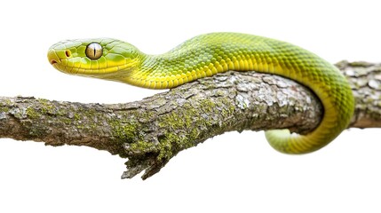 Obraz premium Green snake on a tree isolated on white background 