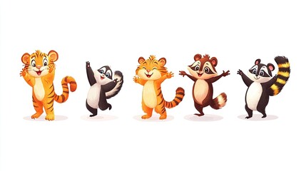 Fototapeta premium Five cartoon animals, two tigers and three raccoons are standing in a row with their arms raised, smiling and looking cheerful.
