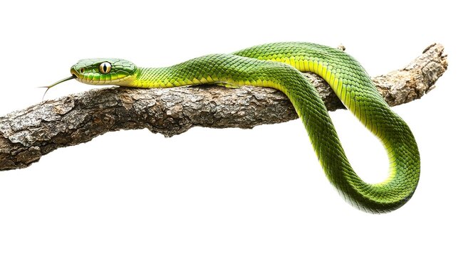 Green snake on a tree isolated on white background 