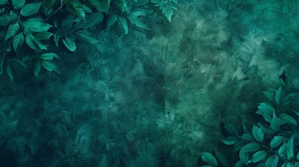 Obraz premium A serene, abstract background featuring lush green leaves and a textured teal surface.