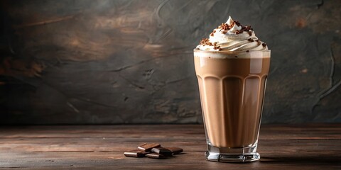 Creamy chocolate milkshake topped with whipped cream in a clear glass , dessert, beverage, sweet, indulgent, cold, creamy