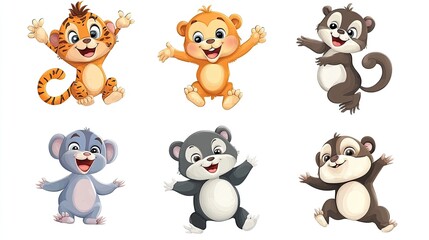 Naklejka premium Baby bear tiger lion monkey penguin raccoon and squirrel jumping or dancing, cute animals illustration for kids. 