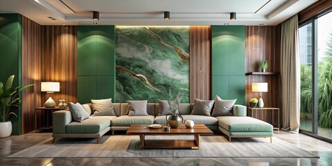 Sleek modern living room with forest green accent wall, marble, organic wood, and luxury finishes, luxury, modern