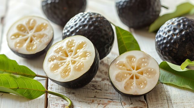 Several halved keule fruits revealing juicy white flesh arranged on a light wooden surface with green leaves adding natural contrast in a fresh and vibrant fruit display