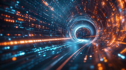 Dynamic digital tunnel with glowing blue and orange light streams, symbolizing high-speed data transfer, networking, and advanced technology.