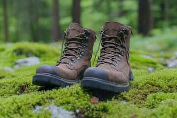 A pair of brown hiking boots sit on moss. This image is perfect for illustrating the idea of outdoor adventure and exploration.