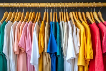 Colorful T shirts neatly arranged on wooden hangers in a bright retail space showcasing the casual comfort variety and vibrant style of modern casual fashion