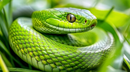 Fototapeta premium A close-up image of a vibrant green snake coiled in the grass, reptile, slithering, scales, wildlife, nature