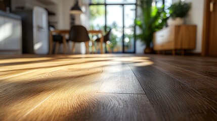 A kitchen with a wooden floor and a potted plant. The floor is shining and the room is bright