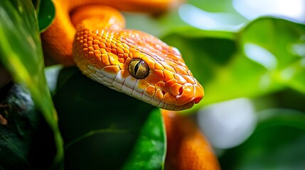 orange corn snake at home enclosure with green leaves closeup, exotic reptile vet ad