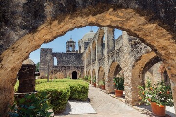 Exterior courtyard of the Historic Mission San Jose, San Antonio, Texas, United States of America.