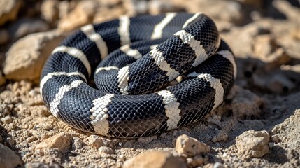 Obraz premium California king snake in black and white stripes curled on a rocky surface 
