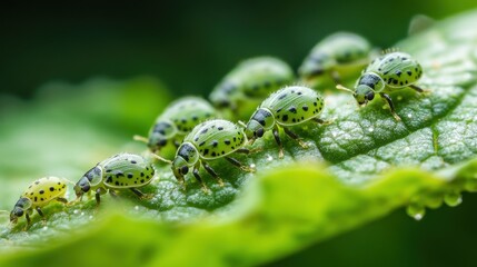 A group of green bugs are on a leaf. The bugs are small and green with black spots