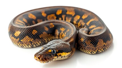 Obraz premium A close up image of a brown and black python snake coiled on a white background