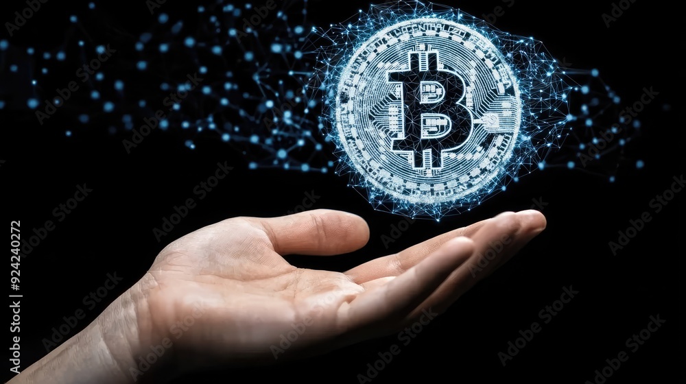 Poster futuristic digital wallet with glowing cryptocurrency symbols in pop art style surrounded by binary 