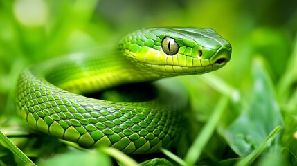 Fototapeta premium A close-up image of a vibrant green snake coiled in the grass, reptile, slithering, scales, wildlife, nature 