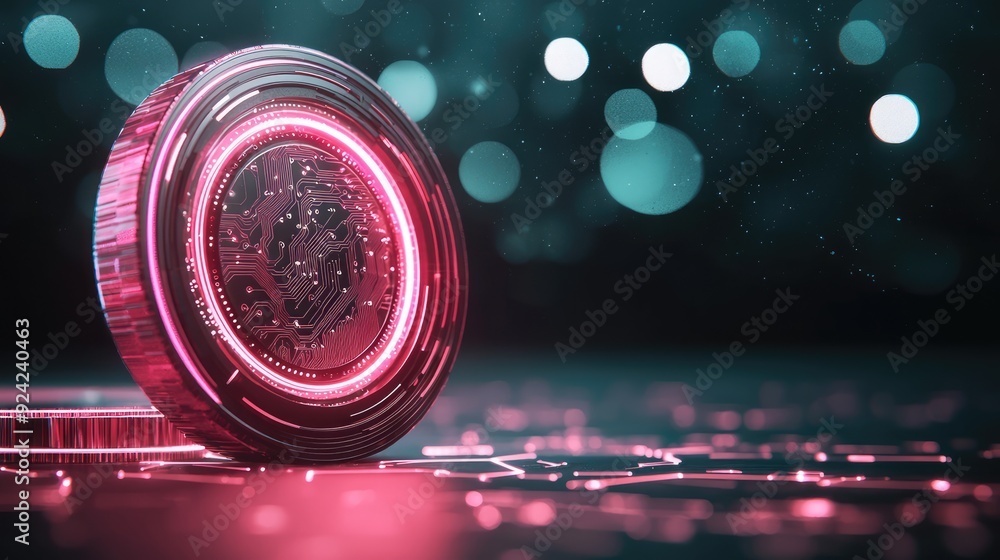 Poster glowing neon digital coin stack with data circuits - futuristic virtual savings illustration with dy