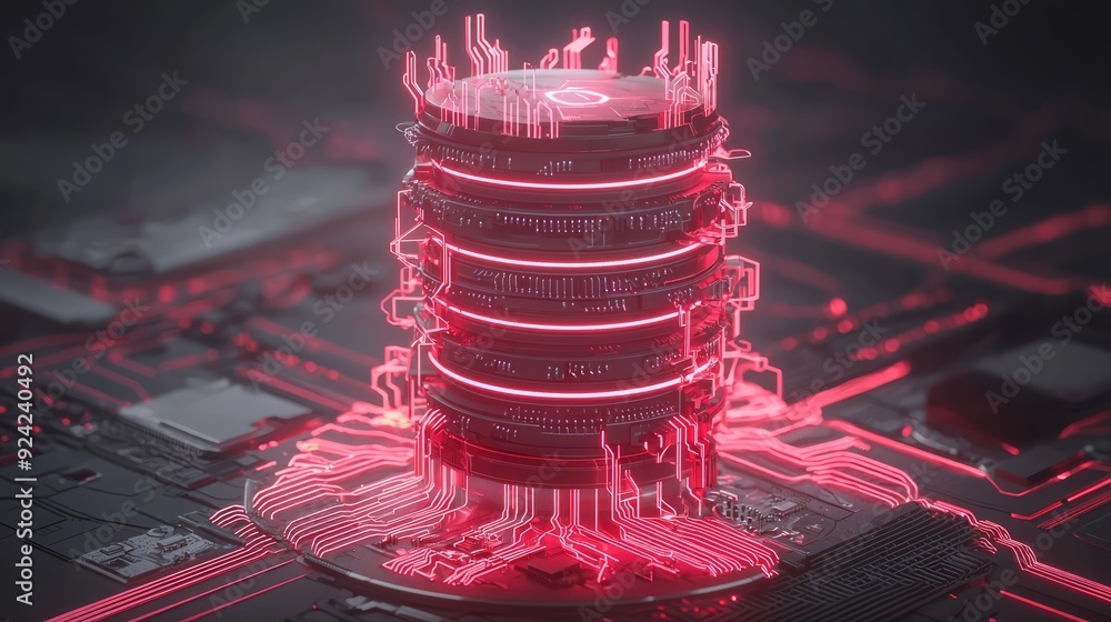 Poster virtual savings in neon: futuristic digital coin stack with dynamic lighting, generative ai