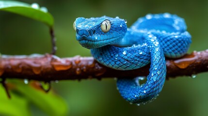 Fototapeta premium Blue viper snake posing on a branch with water droplets