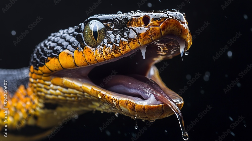 Aufkleber snake with its mouth open, revealing sharp teeth and a forked tongue. water droplets are visible com