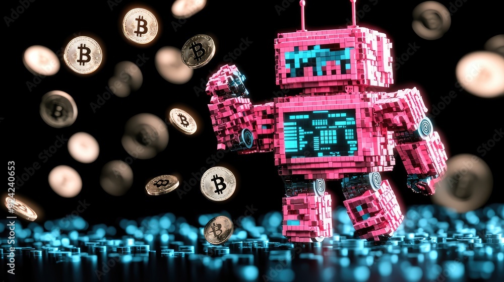 Poster futuristic financial analysis - robotic ai calculating digital currency on holographic screen in sci